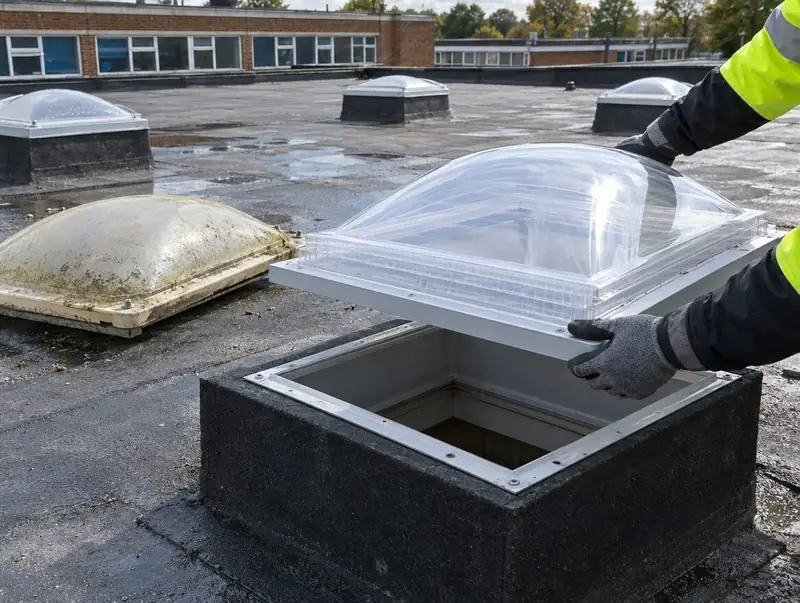 New clear dome being lowered onto a kerb beside an old faded dome on a commercial flat roof