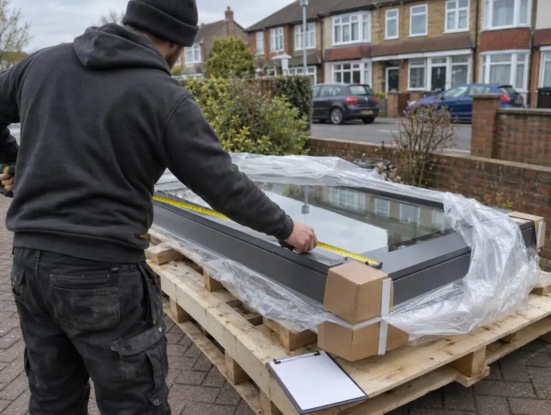 Fitter measuring a customer-supplied flat rooflight on its delivery pallet before fitting