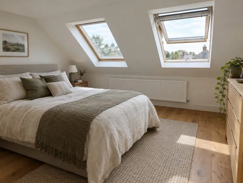 Loft conversion bedroom lit by two pitched roof windows