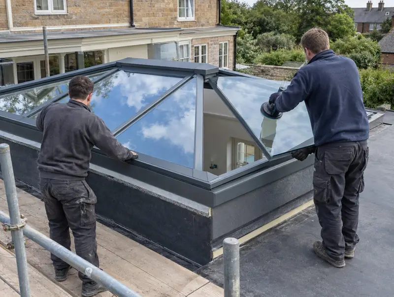Two fitters glazing an aluminium roof lantern on an orangery roof