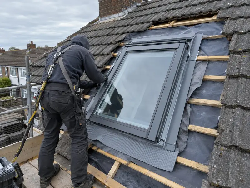 Fitter in a harness fixing a pitched roof window and flashing kit into a tiled roof