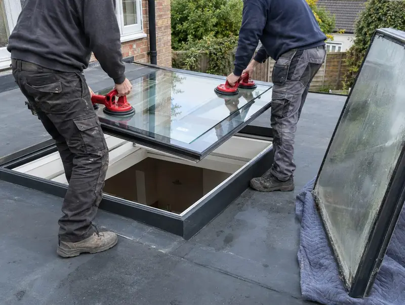 Two glaziers lowering a replacement glass unit into an existing rooflight frame with suction lifters