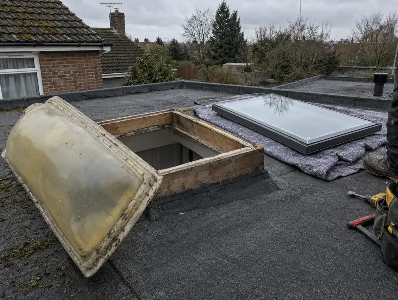 Old yellowed plastic dome lifted off its kerb next to the new glass rooflight that replaces it