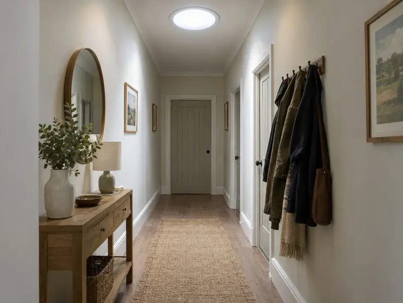 Round sun tunnel diffuser lighting a windowless hallway