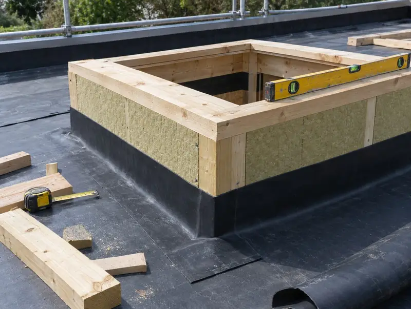 Insulated timber upstand built around a roof opening with the membrane turned up its sides